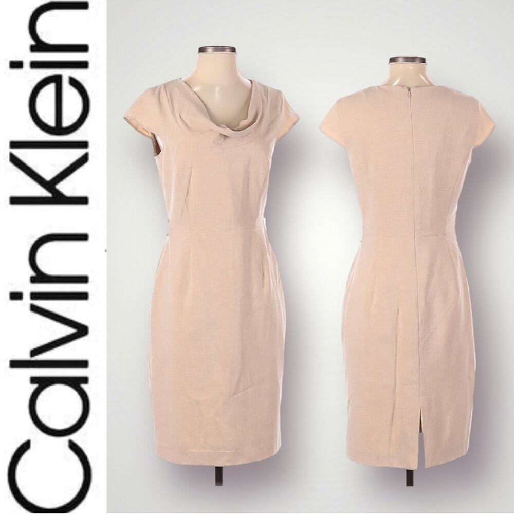 CALVIN KLEIN PENCIL COWL NECKLINE CAREER DRESS TAN - 4